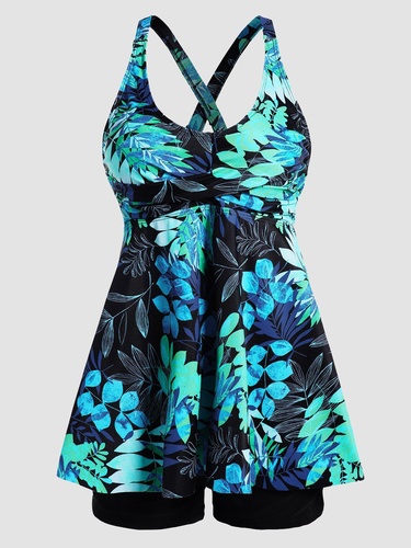 Tropical Tankini Swimsuit Twisted Flower Leaf Print Swimwear Crisscross Boyshorts