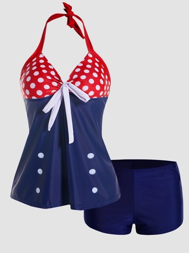 Polka Dots Print Colorblock Halter Tankini Swimsuit Padded Bowknot Tankini