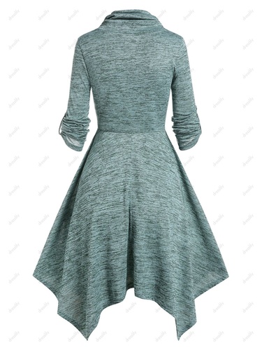 Long Sleeve Heathered Pleated Kandkerchief Dress