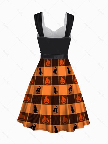 Halloween Belt Dress Pumpkin and Cat Print Sleeveless Mock Button