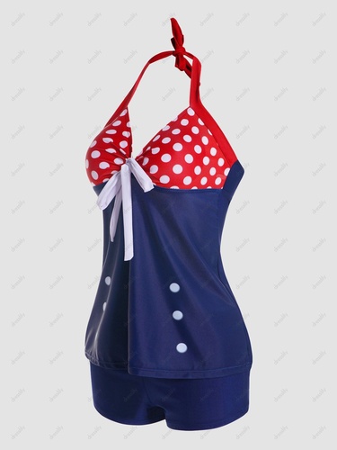 Polka Dots Print Colorblock Halter Tankini Swimsuit Padded Bowknot Tankini