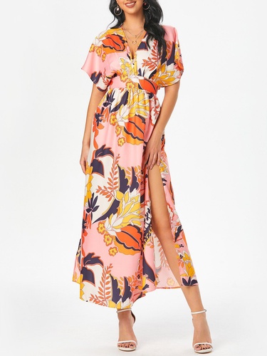 Floral Print Batwing Sleeve Slit Maxi Beach Dress