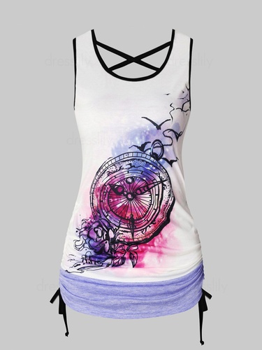 Clock Floral Print Cinched Criss Cross Ringer Tank Top