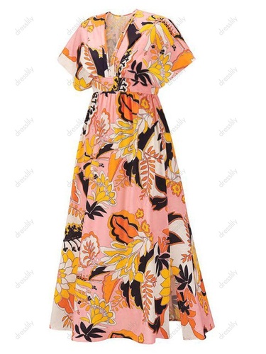 Floral Print Batwing Sleeve Slit Maxi Beach Dress