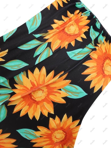 Bright Swimsuit Sunflower Floral Print Knot Ruched Ruffled Tankini Swimwear