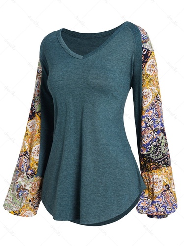 Paisley Floral Patchwork Raglan Sleeve Top Curved Hem V Neck