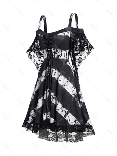 Streak Dye Print Lace Up Dress Cold Shoulder Batwing Sleeve