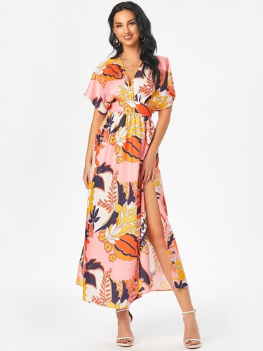 Floral Print Batwing Sleeve Slit Maxi Beach Dress