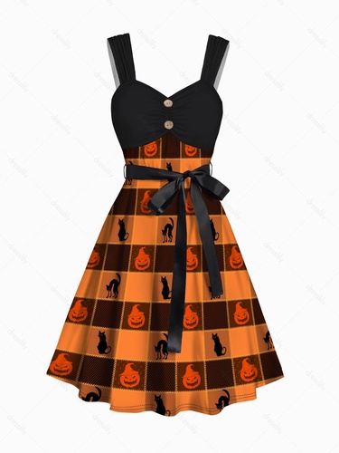 Halloween Belt Dress Pumpkin and Cat Print Sleeveless Mock Button