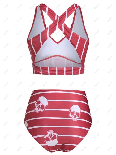 Gothic Swimsuit Skeleton Skull Striped Cut Out Bowknot Ruched Tummy