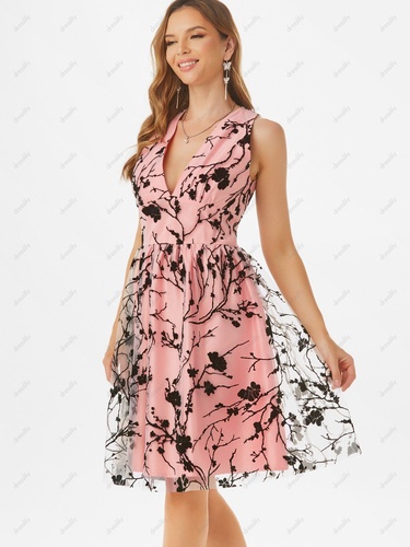 Summer Elegant Mesh Overlay Floral Flocked A Line Party Dress