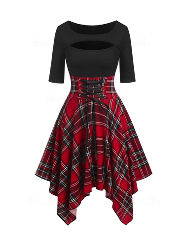 Plaid Print Handkerchief Dress Lace Up Corset Waist Mini Dress