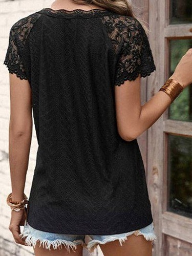 Jacquard Lace Short Sleeve T shrit Solid Color V Neck