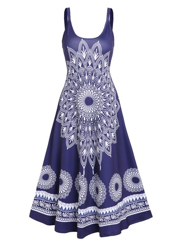 Bohemian Dress Ethnic Flower Print Midi Dress Sleeveless Summer A