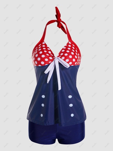 Polka Dots Print Colorblock Halter Tankini Swimsuit Padded Bowknot Tankini