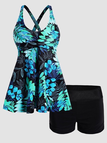 Tropical Tankini Swimsuit Twisted Flower Leaf Print Swimwear Crisscross Boyshorts