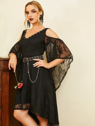 Gothic High Low Dress Cold Shoulder Sheer Flower Lace Sleeve