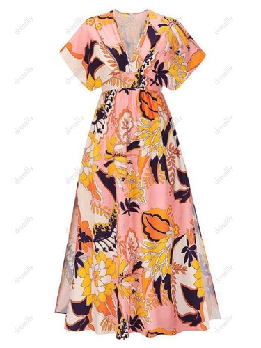 Floral Print Batwing Sleeve Slit Maxi Beach Dress