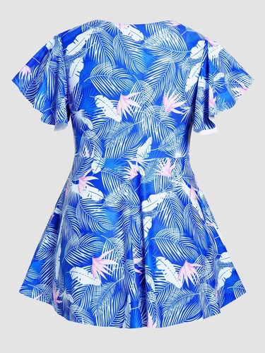 Plus Size Modest Swimsuit Tropical Leaf Print Vacation Two Piece