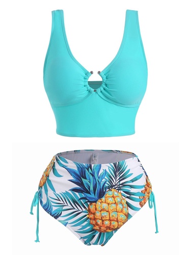 Ring Linked Pineapple Print Cinched Tankini Swimwear