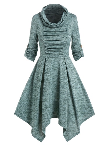 Long Sleeve Heathered Pleated Kandkerchief Dress