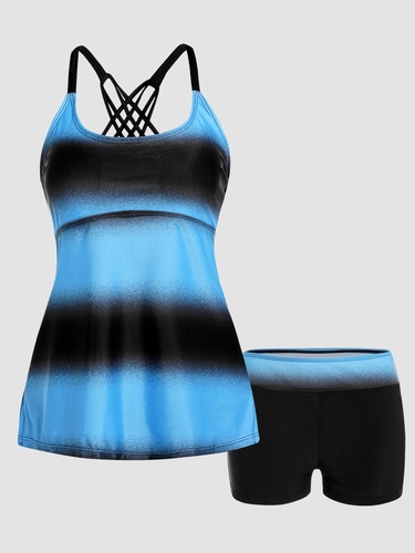 Ombre Stripe Print Tummy Control Tankini Swimwear Padded Crisscross Tankini