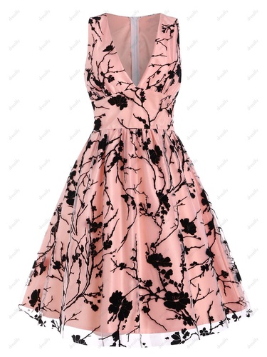 Summer Elegant Mesh Overlay Floral Flocked A Line Party Dress