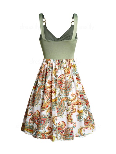 Paisley Flower Print Mini Dress Crossover Oval Ring Contrast Cami