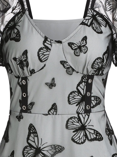 Casual Dress Vivid Butterfly Print Dress Mesh High Waisted Summer