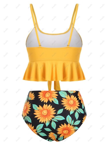 Bright Swimsuit Sunflower Floral Print Knot Ruched Ruffled Tankini Swimwear