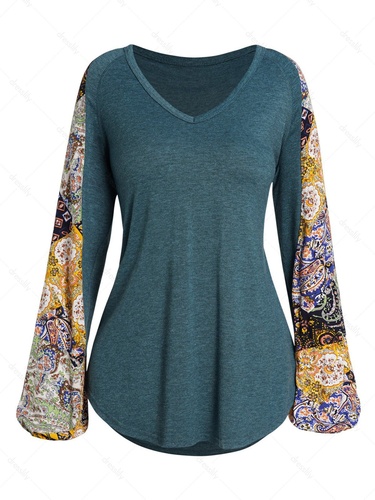 Paisley Floral Patchwork Raglan Sleeve Top Curved Hem V Neck