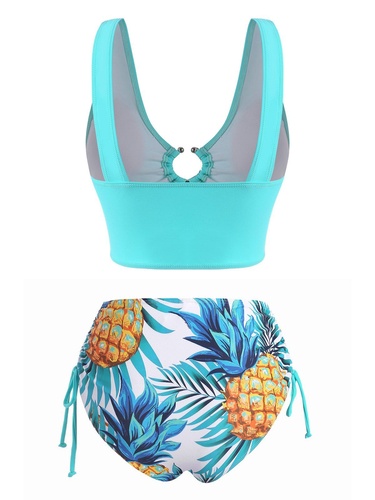 Ring Linked Pineapple Print Cinched Tankini Swimwear