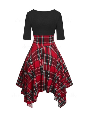 Plaid Print Handkerchief Dress Lace Up Corset Waist Mini Dress