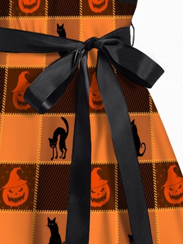 Halloween Belt Dress Pumpkin and Cat Print Sleeveless Mock Button