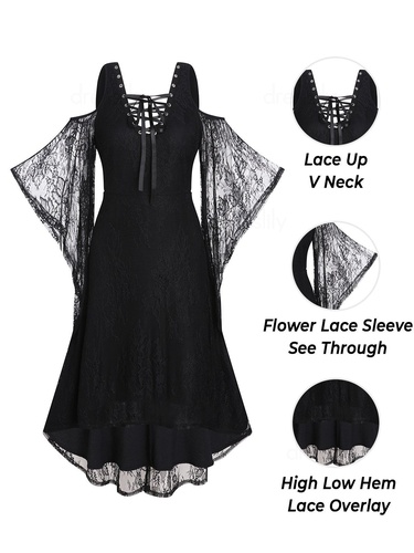 Gothic High Low Dress Cold Shoulder Sheer Flower Lace Sleeve