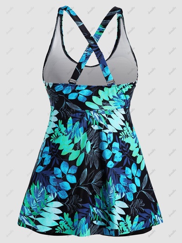 Tropical Tankini Swimsuit Twisted Flower Leaf Print Swimwear Crisscross Boyshorts