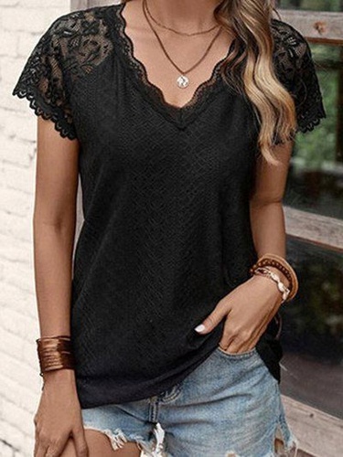 Jacquard Lace Short Sleeve T shrit Solid Color V Neck