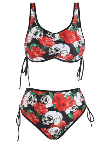 Skull Flower Print Cinched Padded Tankini Swimsuit