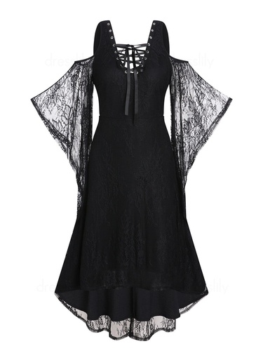 Gothic High Low Dress Cold Shoulder Sheer Flower Lace Sleeve