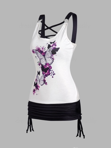 Butterfly Flower Print Tank Top Colorblock Crisscross Cinched Ruched Tank