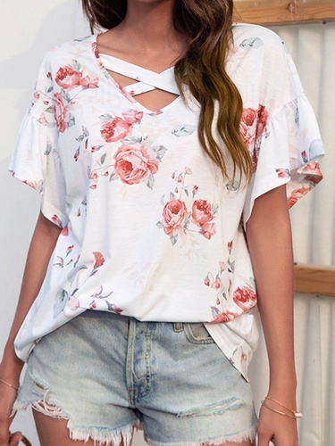 Flower Print T shirt Flare Sleeve Crisscross V Neck Drop