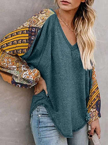 Paisley Floral Patchwork Raglan Sleeve Top Curved Hem V Neck