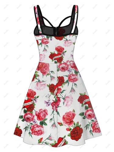 Allover Rose Flower Print Mini Dress Sleeveless Zipper Detail Cottagecore