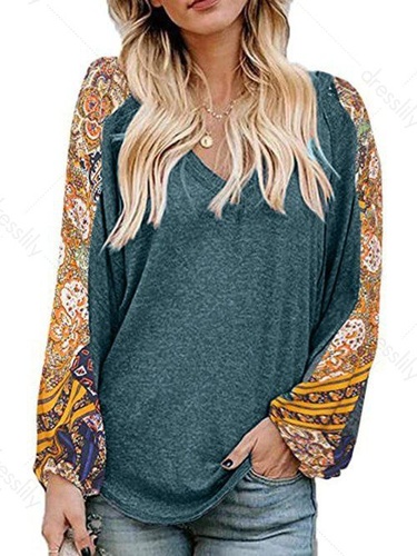 Paisley Floral Patchwork Raglan Sleeve Top Curved Hem V Neck