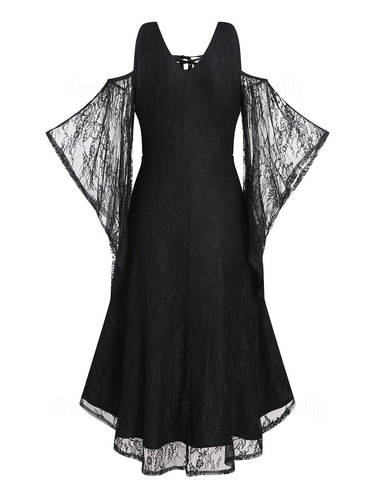 Gothic High Low Dress Cold Shoulder Sheer Flower Lace Sleeve