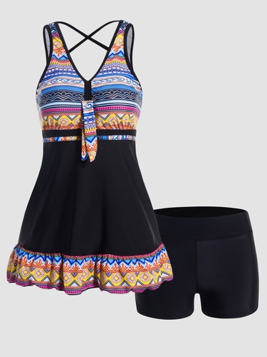 Bohemian Tankini Swimsuit Colored Geometric Print Crisscross Swimwear Padded Boyshorts