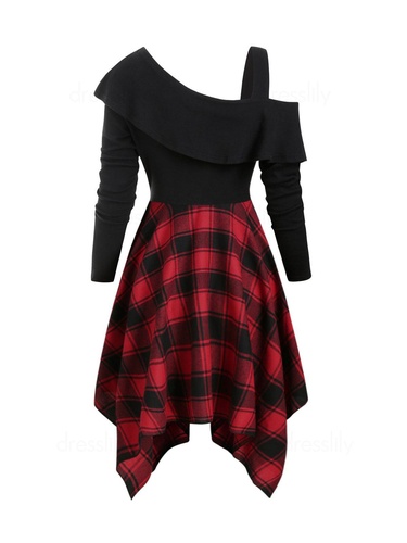 Gothic Plaid Asymmetrical Handkerchief Cold Shoulder Dress