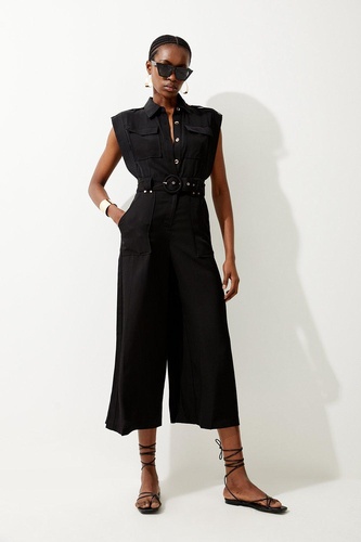 Topstitch Belted Premium Linen Viscose Jumpsuit