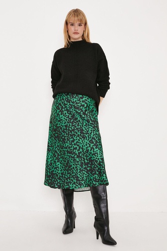 Green Animal Satin Bias Cut Midi Skirt