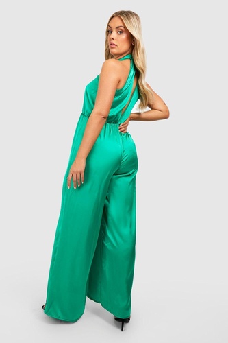 Plus Satin Halterneck Twist Wide Leg Jumpsuit